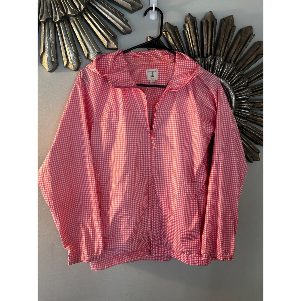 Lands End Kids Pink‎ Gingham Hooded Zip Up Windbreaker Jacket Size 14